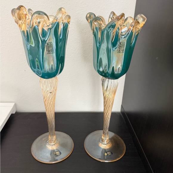 Murano Turquoise Glass Floral Candle Holder Made in Italy